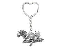 Portachiavi A7 con scoiattolo su ramo in peltro inglese su un anello a forma di cuore, Argento, 10cm