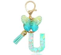 Portachiavi con lettere iniziali alfabeto per donne, ciondolo a farfalla, blu-verde, portachiavi per zaino, borse, charm, Farfalla verde u