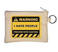 Portachiavi con scritta in inglese "Warning I Hate People Proceed with Caution", colore: beige