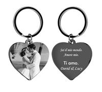 Portachiavi Cuore Personalizzato con Foto e Testo - Targhetta e Anello in Acciaio Inossidabile con Incisione Permanente - Ideale per Coppie, Famiglia, Amici - Regalo per Anniversario, San Valentino