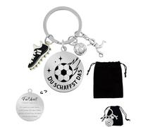 Portachiavi Da Calcio Argento con Incisione "DU SCHAFFST DAS", Regalo Allenatore Calcio con 3 Charms per Ragazzi, Tifosi e Sportivi, Accessorio per Zaino o Borsa con Sacchetto Velluto