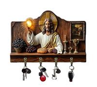 Portachiavi da parete piatto 2D a tema comunione, rustico in legno con 4 ganci in metallo, gancio portachiavi religioso per ingresso (Khaki-1)