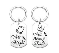 Portachiavi in acciaio inox, 2 pezzi, con incisione Mr. Right Mrs. Always Right, portachiavi in acciaio inox, set di 2 pezzi, colore argento, Acciaio inossidabile