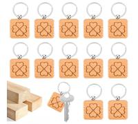 Portachiavi in Legno Con Incisione a Quadrifoglio - 12 Pezzi, Portafortuna Quadrato, Anello per Dipingere, Chiavi, Borsetta, Regalo, Marrone, 4 x 4 cm