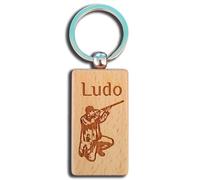Portachiavi in legno esotico personalizzato con il tuo testo e disegno di tua scelta (qui cacciatore), marrone, 90x29mm