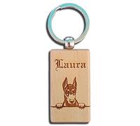 Portachiavi in legno esotico personalizzato con il tuo testo e disegno di tua scelta (qui Dobermann, cane), marrone, 90x29mm