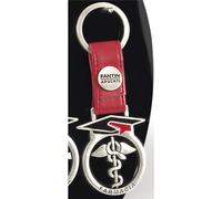 Portachiavi in metallo con cinturino in pelle Rosso Laurea Farmacia 4x8 cm in scatola regalo , bomboniera rosso