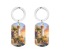 Portachiavi in metallo con ciondolo a forma di faro con scritta "Sunset", etichette personalizzate con anello