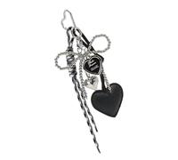 Portachiavi in pelle PU alla moda con perle e fiocco portachiavi per auto a forma di cuore intrecciato borsa decorazione ciondolo donna uomo regalo portachiavi per il suo compleanno, Nero , Taglia
