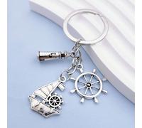 Portachiavi in tono argento con tema nautico - ciondoli a forma di barca a vela, faro e timone, accessorio a tema marino per amanti del mare, regalo per vacanze al mare, accessori per borse, cordini c