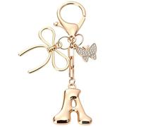 Portachiavi Lettera A Dorato con Fiocco e Farfalla - Ciondolo Elegante per Borsa Donna, Portachiavi Personalizzato Iniziale Alfabeto, Accessorio Moda, Borse o Zaini, Regali per la famiglia e le donne