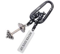 TROIKA Portachiavi Fitness NEVER GIVE UP con moschettone 2 ciondoli su corda da arrampicata decorativa: manubrio e targa, lega di zinco, cromata, nero, argento originale, nero / argento, 11,7 x 4,5 x