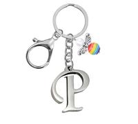 Portachiavi per uomini e donne, portachiavi in metallo con lettere dell'alfabeto personalizzate con ciondolo a forma di angelo, regalo di amicizia, portachiavi e portachiavi, regalo per il 18° (P)