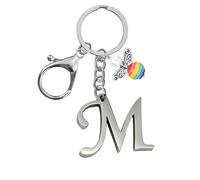 Portachiavi per uomini e donne, portachiavi in metallo con lettere dell'alfabeto personalizzate con ciondolo a forma di angelo, regalo di amicizia, portachiavi e portachiavi, regalo per il 18° (M)