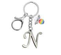 Portachiavi per uomini e donne, portachiavi in metallo con lettere dell'alfabeto personalizzate con ciondolo a forma di angelo, regalo di amicizia, portachiavi e portachiavi, regalo per il 18° (N)