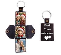 Portachiavi Personalizzato con Foto e Nome Incisa - Stampa 3/4/10 Foto, Porta Foto in Pelle, Portachiavi Coppia, Regalo Fidanzato, Regali per Lui, Regalo Anniversario per Lui, Regali Natale (3 Foto)