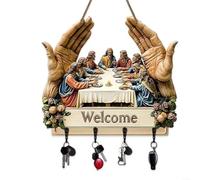 Portachiavi religioso in legno con immagine di Gesù con discepoli e messaggio di benvenuto, con 4 ganci, montaggio a parete, basato sulla fede