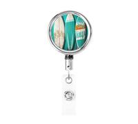 Portachiavi retrattile in metallo con clip per cintura, porta badge vintage in legno turchese per tavola da surf, resistente, clip per badge identificativo, per impiegati, dottori, infermieri, badge