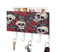 Portachiavi, Sugar Skulls and Red Roses Print Key Hanger Wall Mount, gancio portachiavi da parete, portachiavi da parete, organizer per chiavi