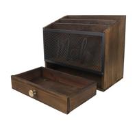 Portadocumenti da Ufficio in Legno, Organizer Rustico con Cassetto | Tre Scomparti per Lettere e Riviste, Finitura Vintage Liscia, Adatto a Reception e Scrivania
