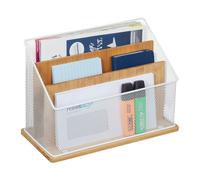 Relaxdays Organizer da Scrivania, bambù e Metallo, 3 Scomparti Portadocumenti, Lettere, HLP 20x29x14 cm, Naturale Bianco