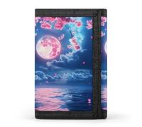 Portafogli a tre ante con fiori di ciliegio sulla luna piena sul mare, con porta carte di credito, 8 scomparti, portachiavi, finestra per foto, per uomini e donne, Stile 35., Taglia unica, Per tutte