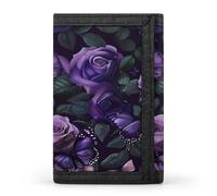 Portafogli a tre ante con rose e farfalle viola con porta carte di credito, 8 slot portachiavi, finestra per foto, per uomini e donne, Stile-12, Taglia unica, Per tutte le stagioni