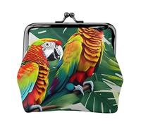 Portafogli con ciondolo a forma di pappagallo con fiori tropicali e foglie e portamonete versatile, impermeabile, con chiusura a bacio, per chiavi e carte