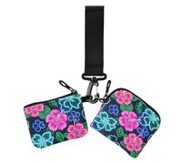 Portafogli da donna con doppio cinturino da polso estivo con ibisco al neon e frangipani, piccolo portafoglio staccabile con cerniera e tasca portamonete per lavoro e viaggi, 2 pezzi, Fiore di