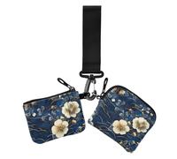 Portafogli da donna con fiori romantici blu e oro, grande capacità, con cerniera, portamonete con cerniera, tasca portamonete per donna, confezione da 2