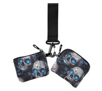 Portafogli da donna con teschio da incubo blu occhi al neon, portafogli per carte di credito minimalista, organizer con portachiavi per donne, 2 pezzi, Occhi al neon blu teschio incubo Halloween, 1