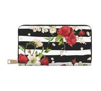 Portafogli da donna eleganti e alla moda in ecopelle con motivo a righe nere e bianche e rosse con rose rosse per donne moderne, porta carte di grande capacità e tasche organizer, borsa resistente per