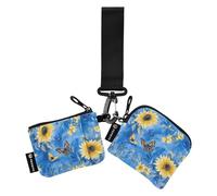 Portafogli da polso doppio con farfalle girasole blu per donne carino moda carta d'identità con portachiavi per signore ragazze 2 pezzi, Farfalle Girasole Blu, 1 size