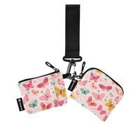 Portafogli da polso doppio rosa con farfalla e fiore per le donne mini moda cerniera portafoglio con cerniera tasca portamonete per uomo 2 pezzi, Fiore rosa farfalla fumetto, 1 size, Art Deco