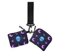 Portafogli doppi da donna colorati al neon con stelle, lune e scheletri, porta biglietti da visita, portamonete minimalista, con cerniera, con portachiavi, per uso quotidiano, 2 pezzi, Stelle, lune e