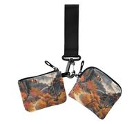 Portafogli doppi da donna con foglie d'acero rosso e montagne lontane custodie per biglietti da visita carino moda portafoglio portamonete con cerniera con portachiavi per signora 2 pezzi, Foglie