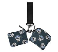 Portafogli doppi da donna con teschio pirata glitterato finto cartone animato blu navy porta biglietti da visita, piccolo protettore staccabile per carte d'identità con cinturino da polso per donna, 2