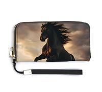 Portafogli in pelle con stallone selvatico nero con allevamento di cavalli, alla moda, borsa lunga con cinturino da polso, per uomo e donna, Stile:, 20.0*10.5cm