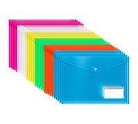 Portafogli in plastica, confezione da 30 cartelle in formato A4, per documenti e documenti documenti, trasparenti, colori assortiti, con tasca per etichette, viaggi, forniture per ufficio