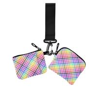 Portafogli portamonete da donna con motivo scozzese arcobaleno color fluo, piccolo portamonete rimovibile con cerniera e portachiavi, per lavoro, viaggi, confezione da 2
