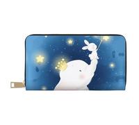 Portafogli sottili in pelle per donne e uomini, grazioso elefante seduto sulla luna con coniglietto portafoglio per donne uomini con cerniera