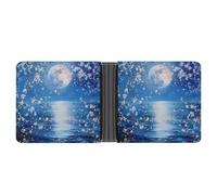 Portafoglio a due ante in pelle con fiori di ciliegio, luna, oceano, uccellino, sottile, porta carte di credito, Stile:, Taglia unica