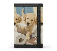 Portafoglio a tre ante con 8 scomparti per carte e fermasoldi - Piccolo design con cuccioli che tirano la carta igienica, sottile e compatto, per uomo e donna