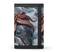 Portafoglio a tre ante con 8 scomparti per carte e fermasoldi - Portafoglio sottile e compatto con motivo calamaro gigante contro capodoglio per uomo e donna