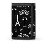 Portafoglio a tre ante con bicicletta della Torre Eiffel bianca, Parigi, Francia, su nero scuro, elegante borsa con portachiavi, porta carte di credito, porta carte di credito per scontrini, ricevute,