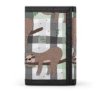 Portafoglio a tre ante con bradipo scarabocchiato sui rami di un albero su un plaid a scacchi, elegante borsa con portachiavi, porta carte di credito per scontrini, ricevute, donne e uomini, 5 x 3,3 x