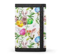 Portafoglio a tre ante con coniglietto pasquale senza cuciture e uova colorate, erba verde su bianco, elegante borsa con portachiavi, porta carte di credito per scontrini, ricevute, donne e uomini, 5