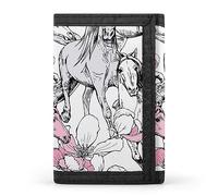 Portafoglio a tre ante con disegno senza cuciture, cavalli bianchi e rosa che corrono, fiori di ciliegio, elegante borsa con portachiavi, porta carte di credito per scontrini, ricevute, donne e uomini