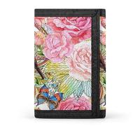 Portafoglio a tre ante con fiori gialli e rosa senza cuciture e foglie, farfalle e uccelli, elegante borsa con portachiavi, porta carte di credito per scontrini, ricevute, donne e uomini, 5 x 3,3 x 0,
