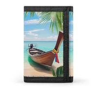 Portafoglio a tre ante con foglie di cocco e barca sul mare, con scomparti per carte di credito, pochette per uomo e donna, Stile:, Taglia unica